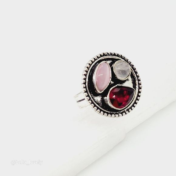 Garnet Rose Quartz Ethnic Handmade Ring Jewelry US Size 8.25 - Picture 3 of 5